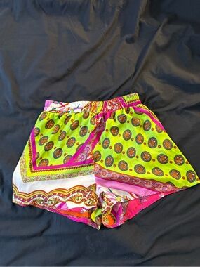 Lime Green & Hot Pink Paisley Print Athletic Shorts